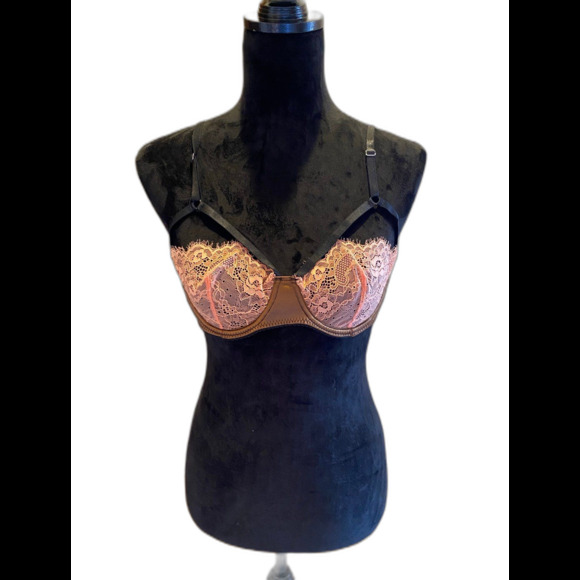 Sexy Demi Bra Underwire Lacey  Size Large with Orange Lace Cup and Brown Sides - Picture 3 of 9
